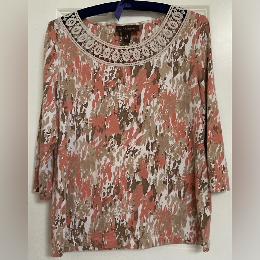 Dana Buchman Coral and Brown Abstract Long Sleeve Top